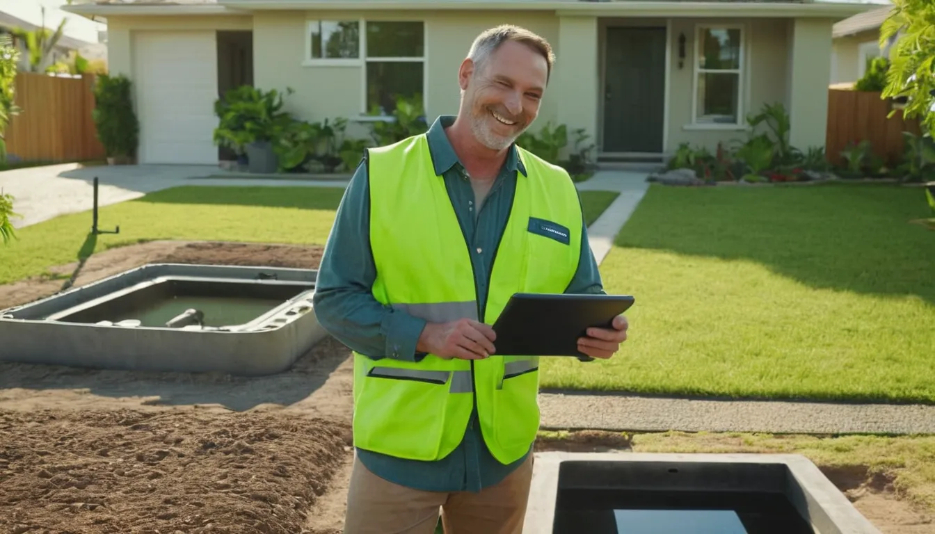 Provider and homeowner reviewing a septic tank and yard near Weston on a sunny day